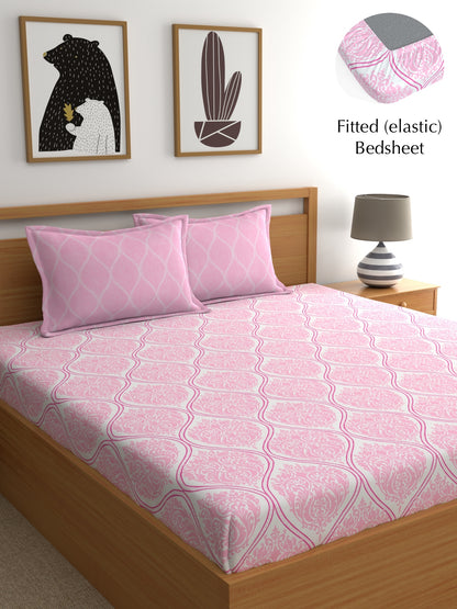 Home Ecstasy 100% Cotton 140 TC Ethnic Bedsheet Set - Colour: Light Pink
