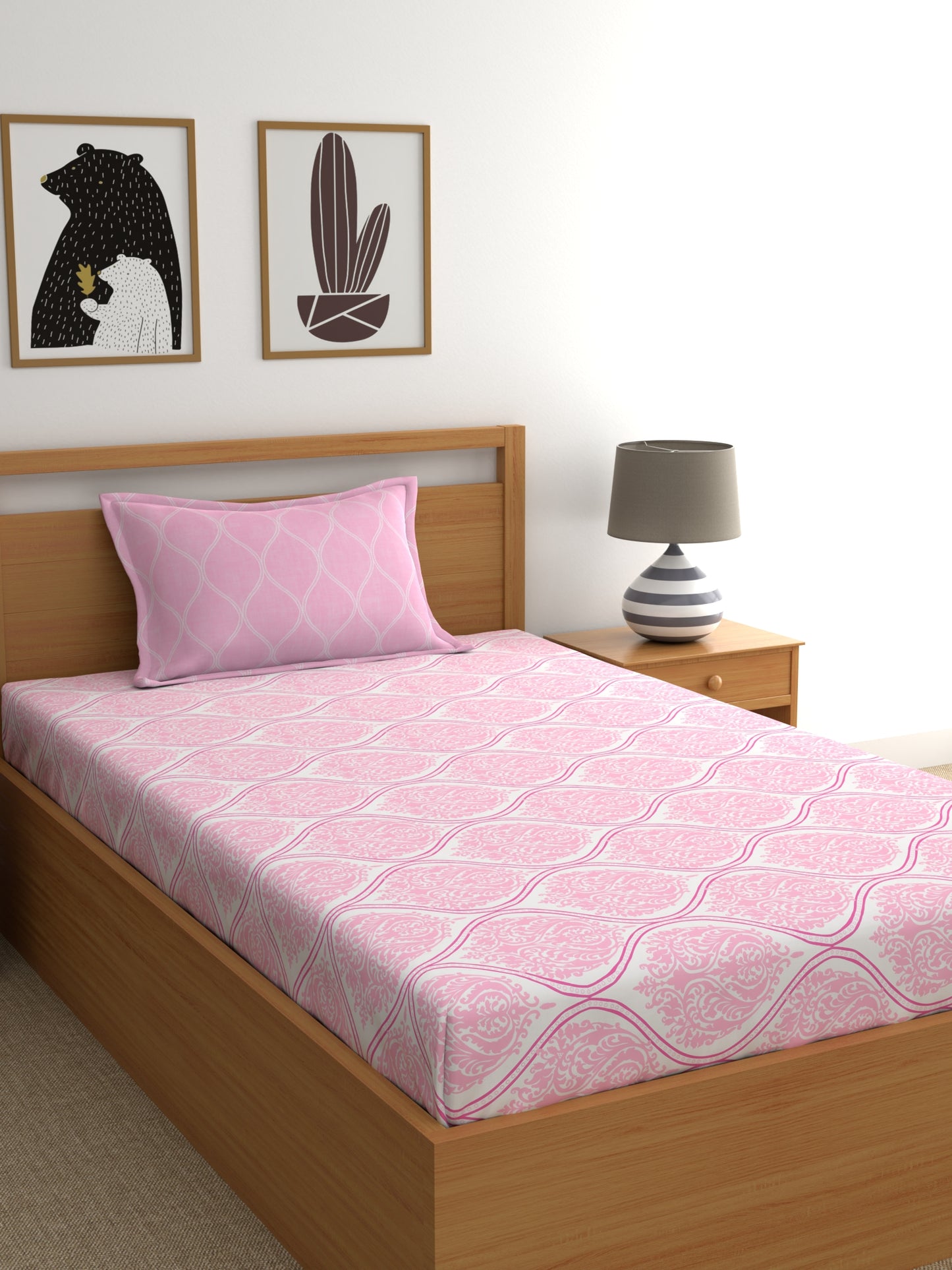 Home Ecstasy 100% Cotton Ethnic Bedsheet Set | 140 TC | Light Pink