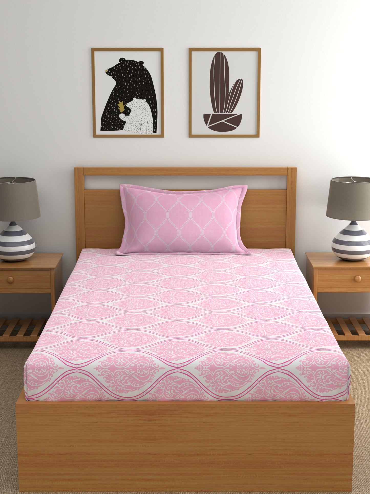 Home Ecstasy 100% Cotton Ethnic Bedsheet Set | 140 TC | Light Pink