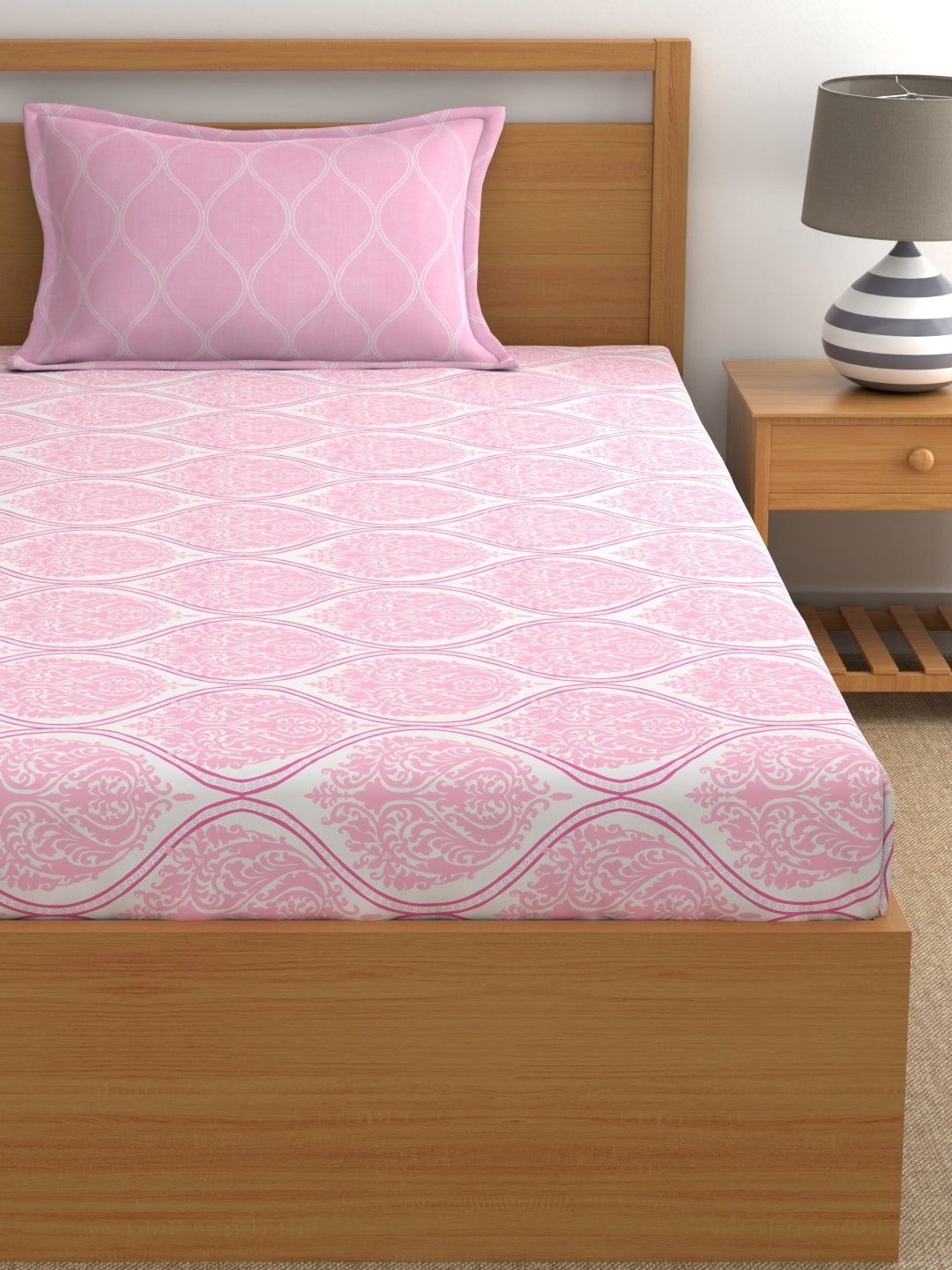 Home Ecstasy 100% Cotton Ethnic Bedsheet Set | 140 TC | Light Pink