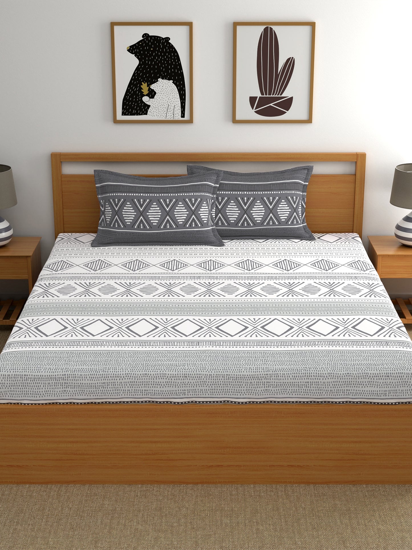Home Ecstasy 100% Cotton Geometric Bedsheet Set | 140 TC | Grey