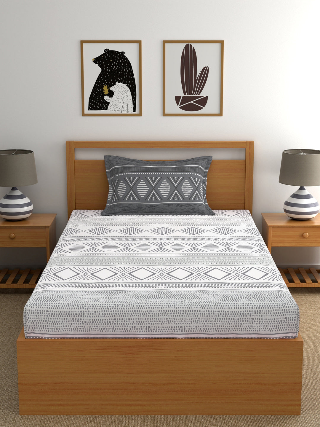 Home Ecstasy 100% Cotton Geometric Bedsheet Set | 140 TC | Grey