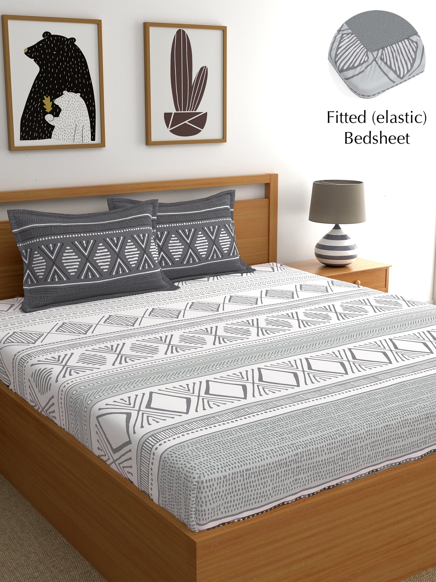 Home Ecstasy 100% Cotton Geometric Bedsheet Set | 140 TC | Grey