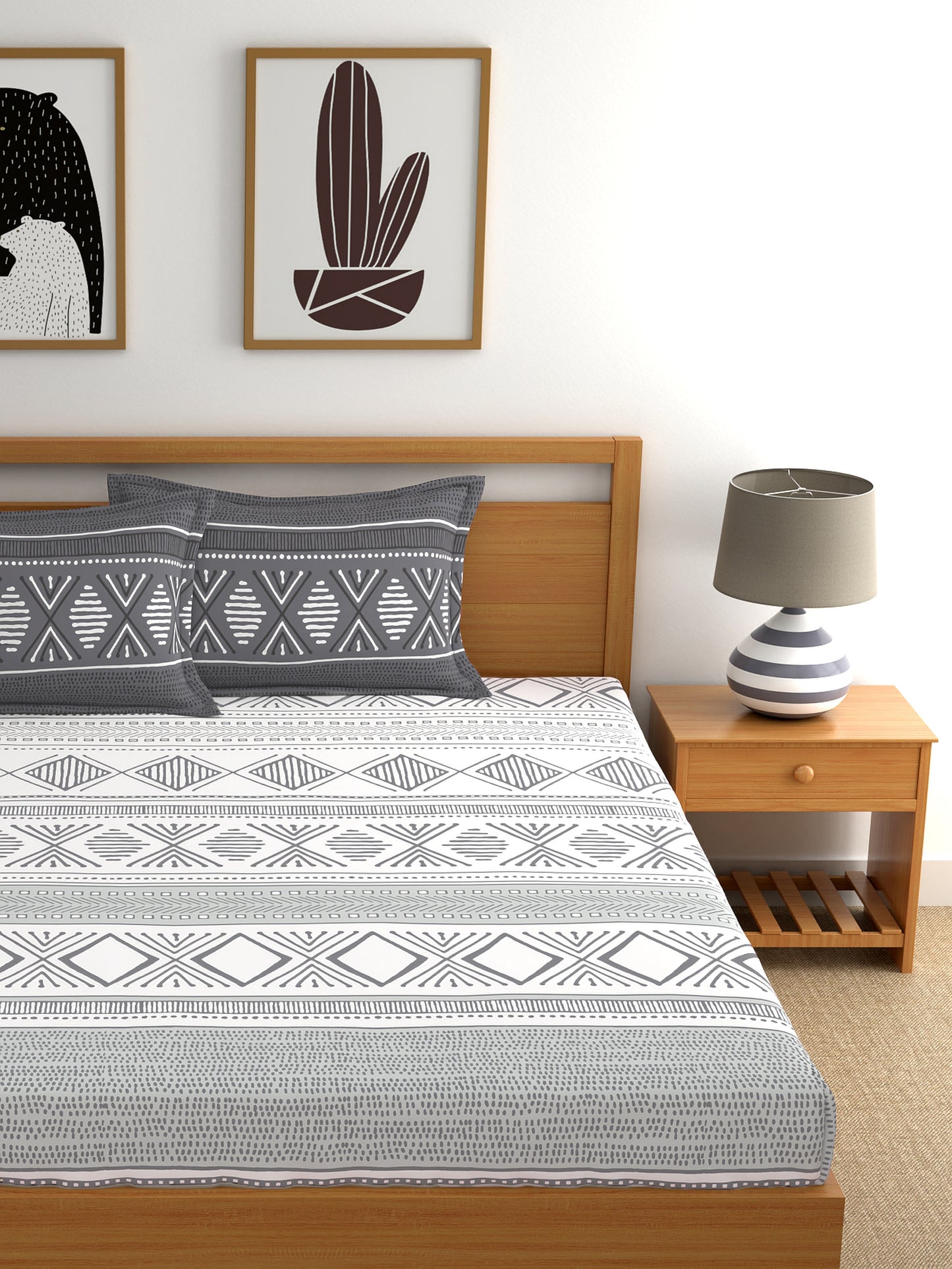 Home Ecstasy 100% Cotton Geometric Bedsheet Set | 140 TC | Grey