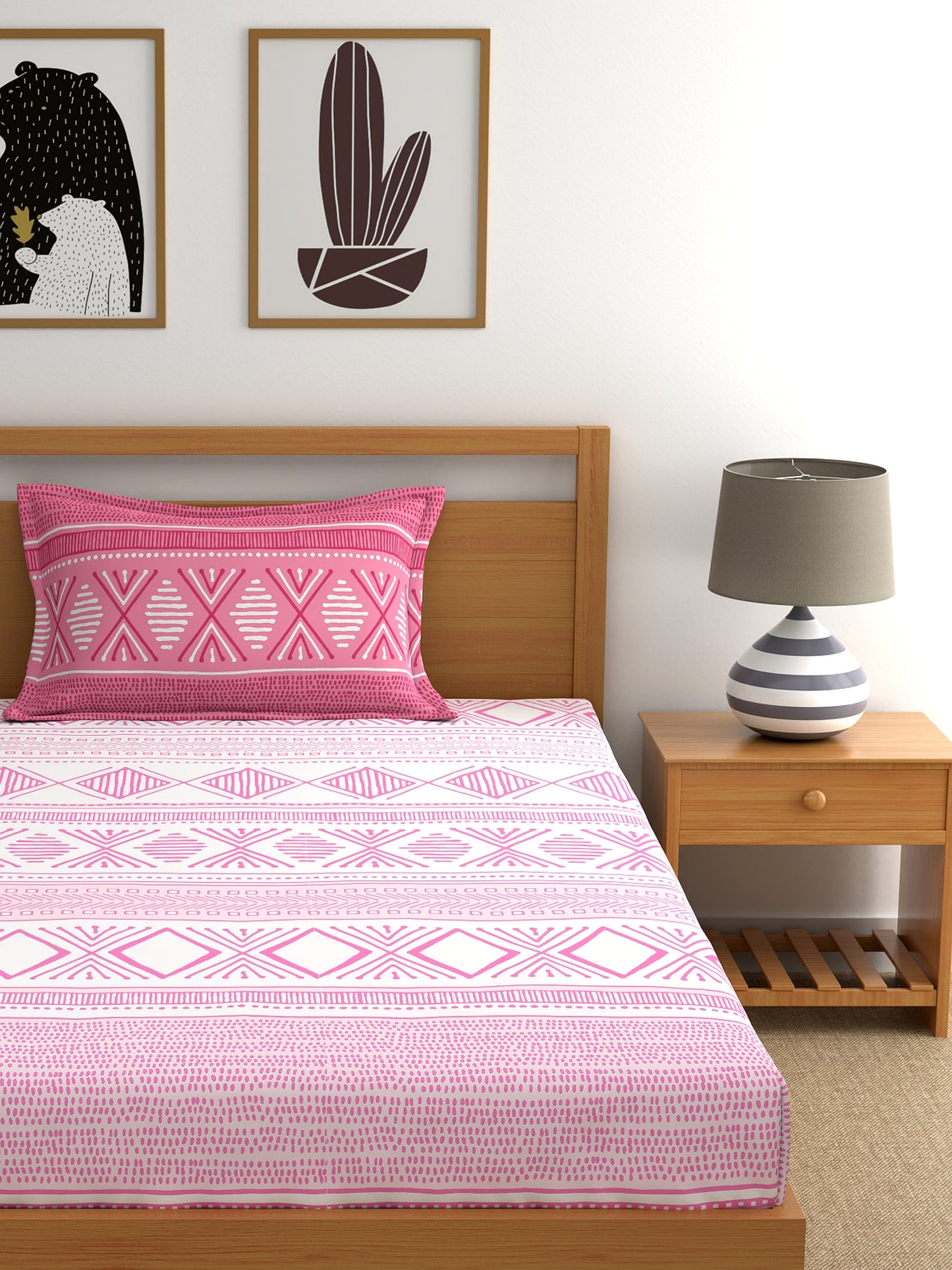 Home Ecstasy 100% Cotton Geometric Bedsheet Set | 140 TC | Light Pink