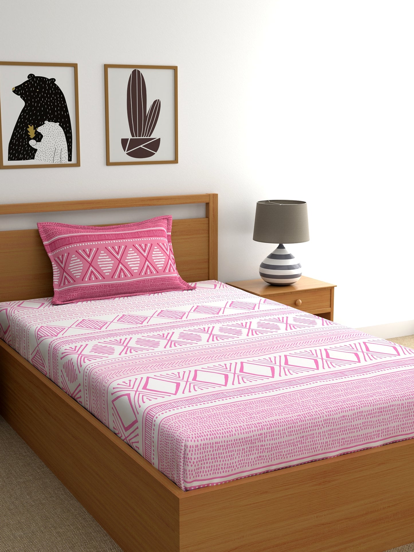 Home Ecstasy 100% Cotton Geometric Bedsheet Set | 140 TC | Light Pink