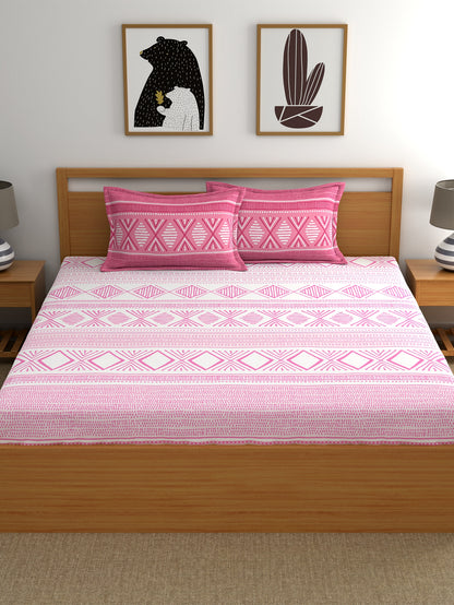 Home Ecstasy 100% Cotton Geometric Bedsheet Set | 140 TC | Light Pink