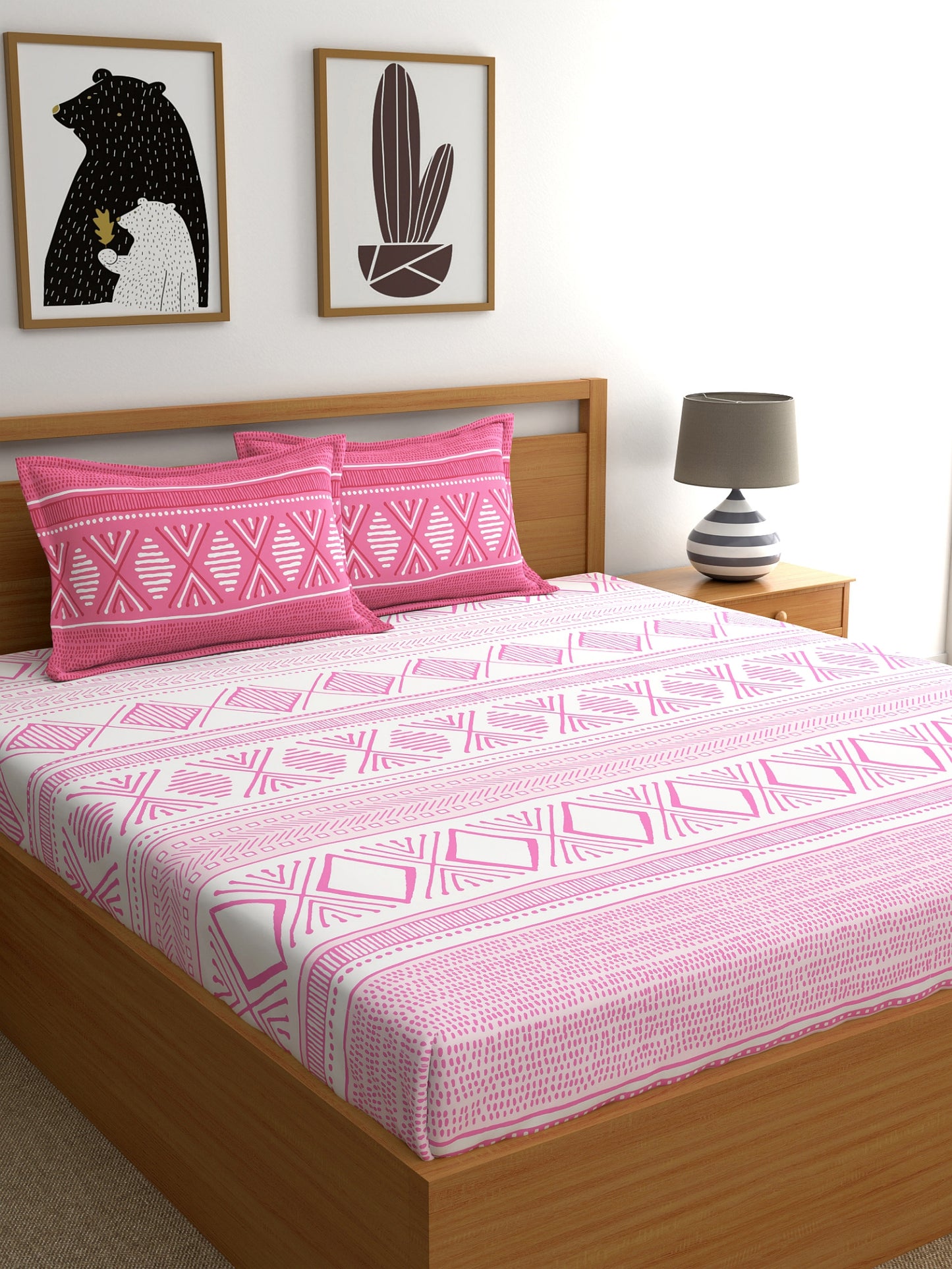 Home Ecstasy 100% Cotton Geometric Bedsheet Set | 140 TC | Light Pink