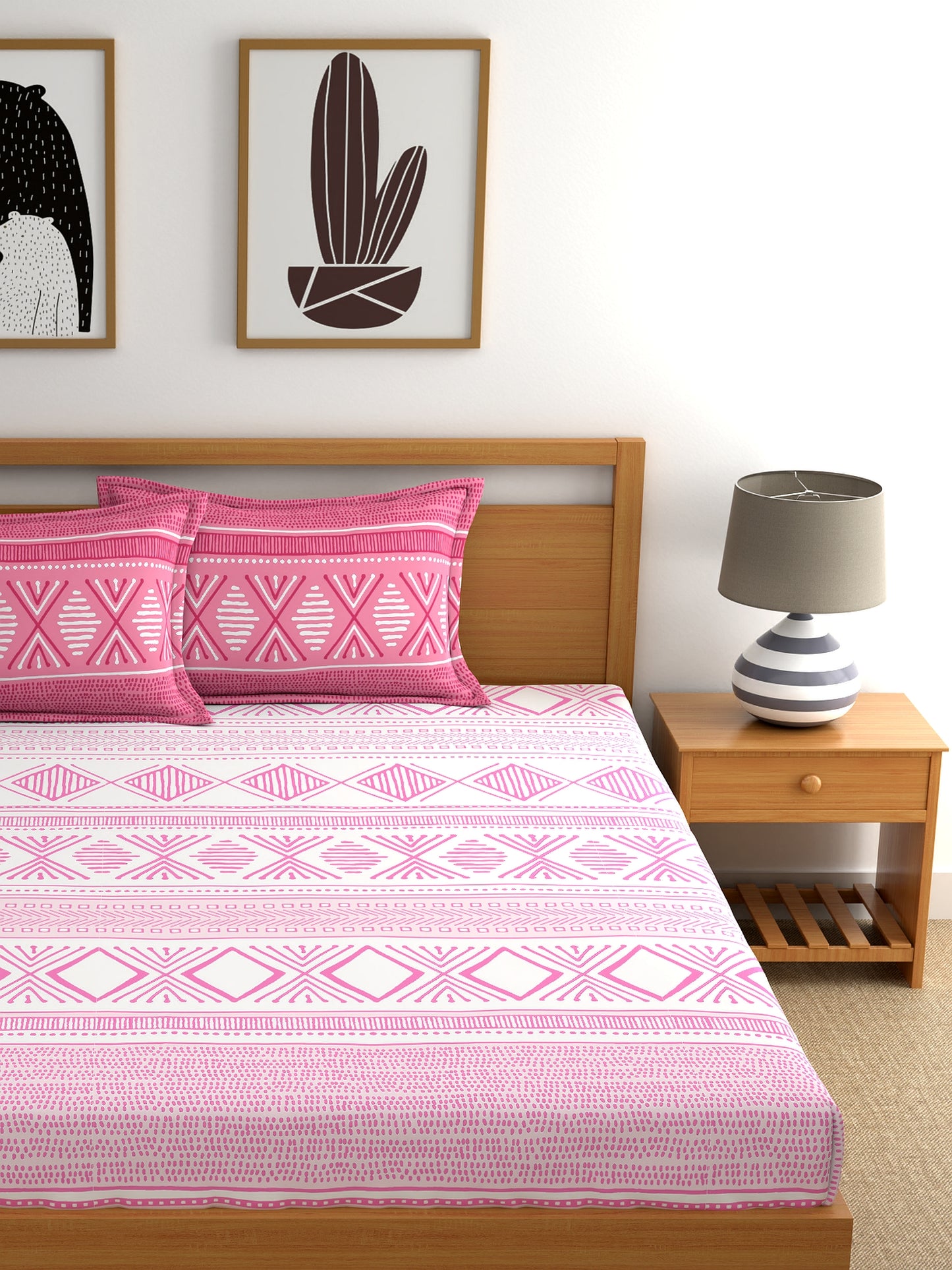 Home Ecstasy 100% Cotton Geometric Bedsheet Set | 140 TC | Light Pink