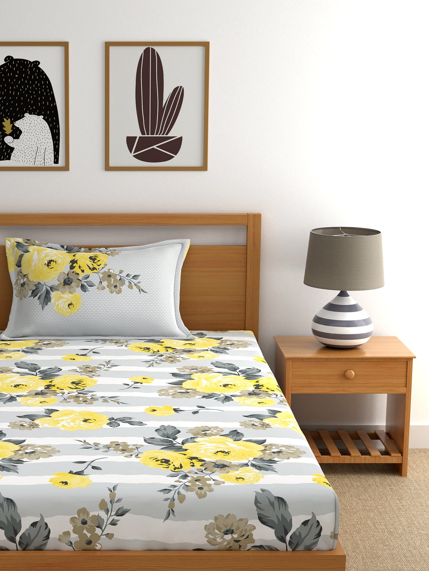 Home Ecstasy 100% Cotton Floral Bedsheet Set | 140 TC | Grey