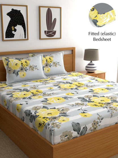 Home Ecstasy 100% Cotton 140 TC Floral Bedsheet Set - Colour: Grey