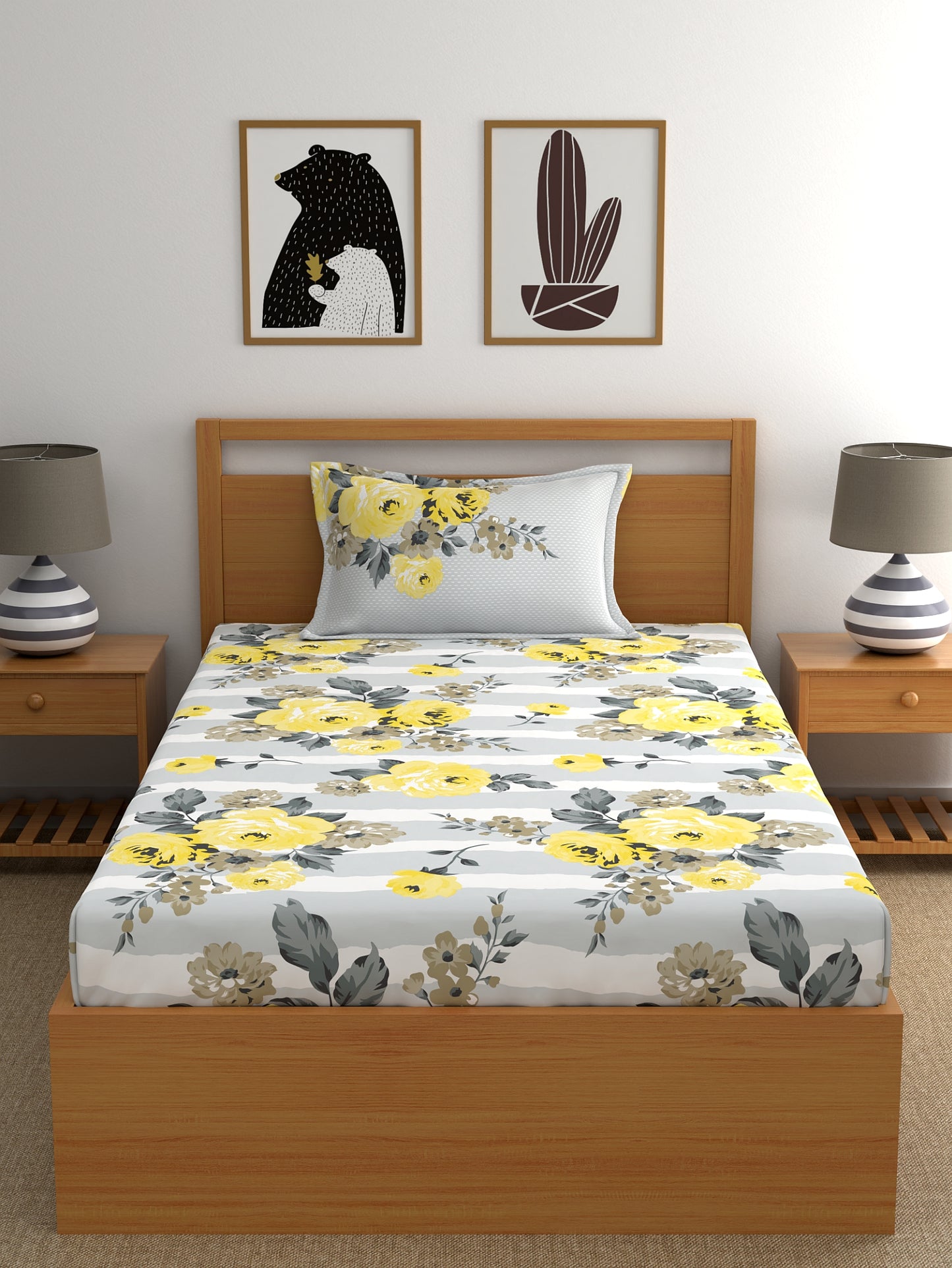 Home Ecstasy 100% Cotton Floral Bedsheet Set | 140 TC | Grey