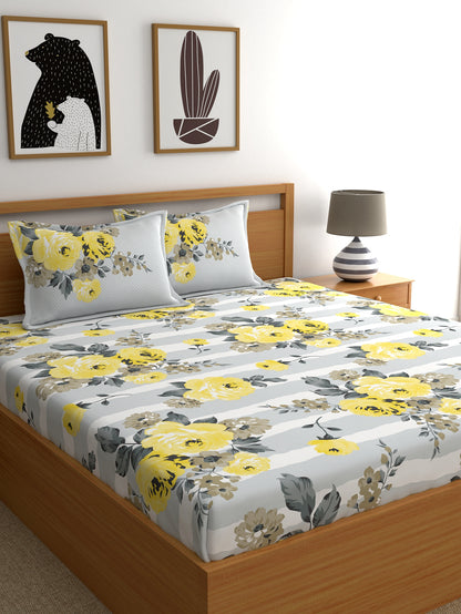 Home Ecstasy 100% Cotton Floral Bedsheet Set | 140 TC | Grey