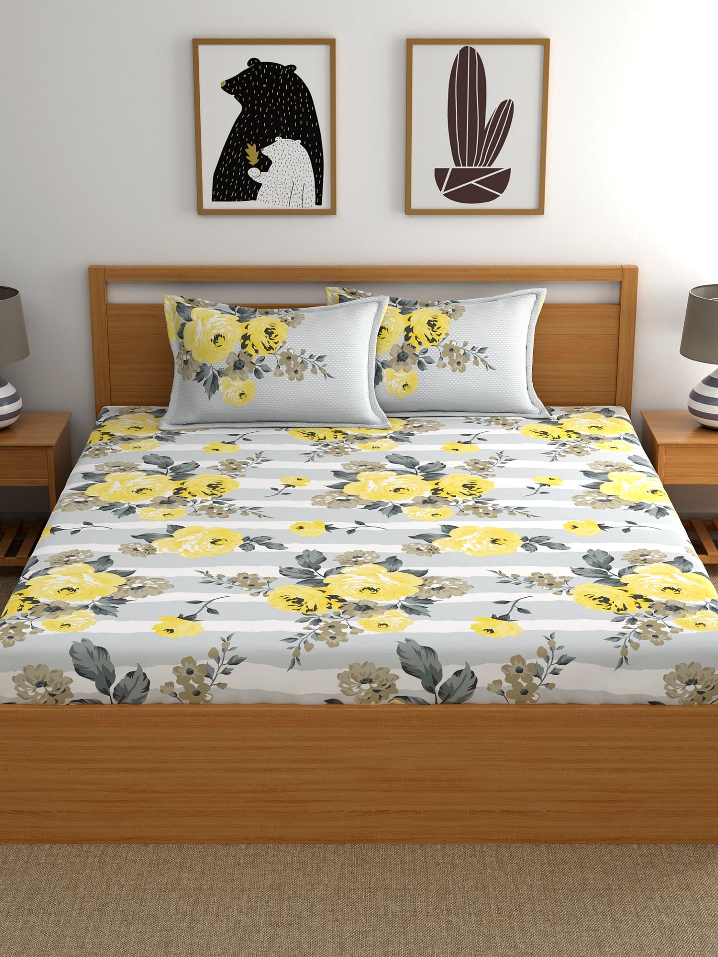 Home Ecstasy 100% Cotton Floral Bedsheet Set | 140 TC | Grey