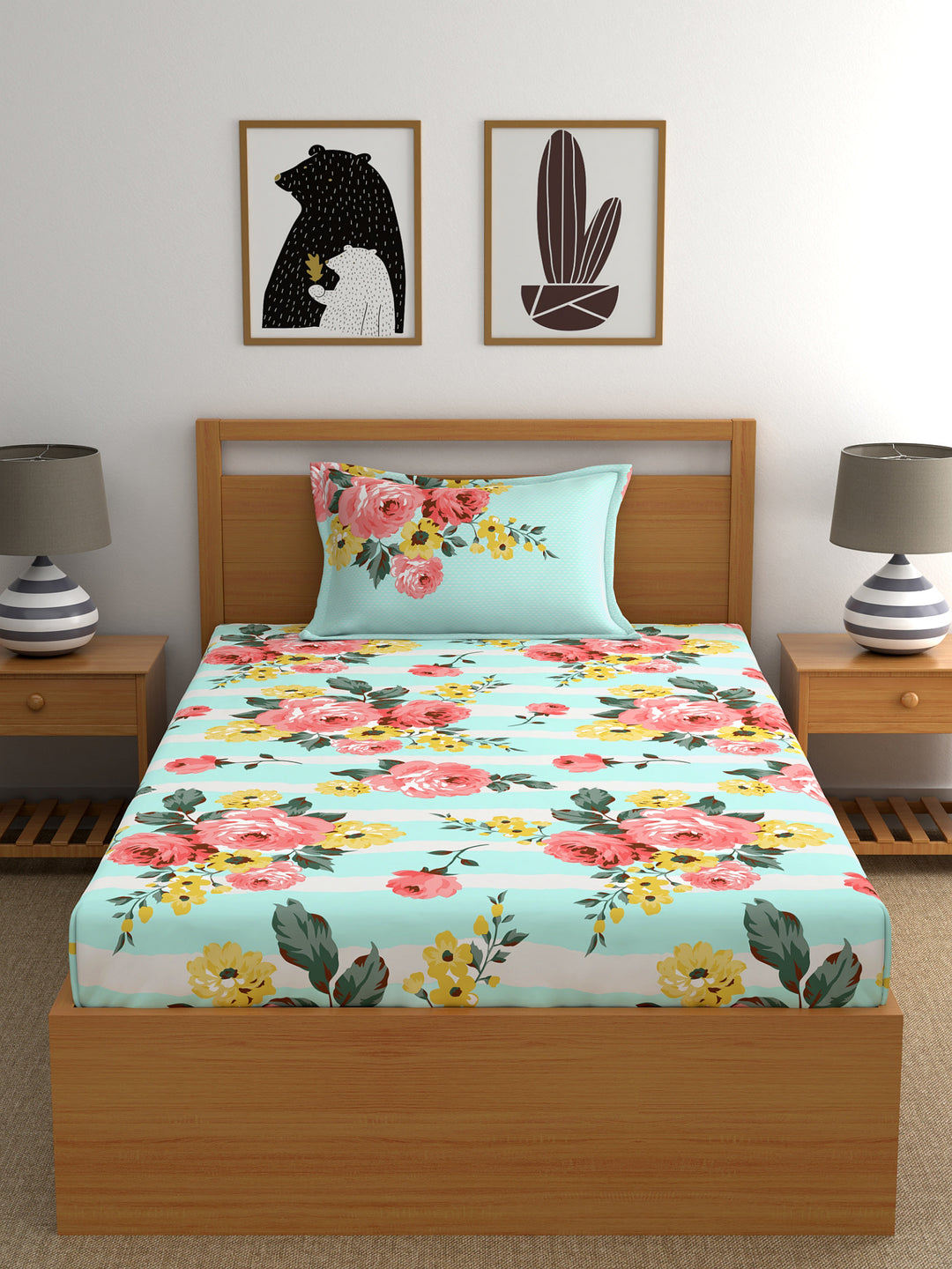 Home Ecstasy 100% Cotton Floral Bedsheet Set | 140 TC | Sea Green