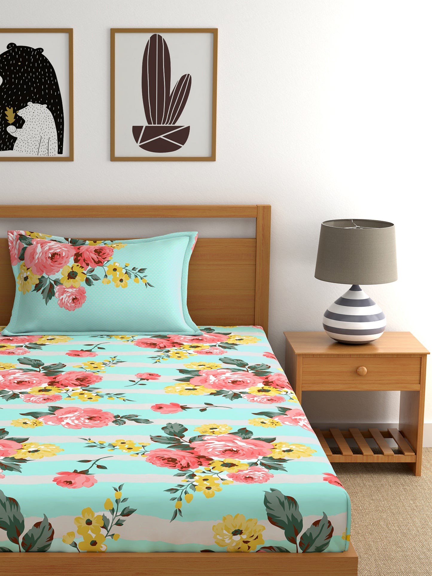 Home Ecstasy 100% Cotton Floral Bedsheet Set | 140 TC | Sea Green