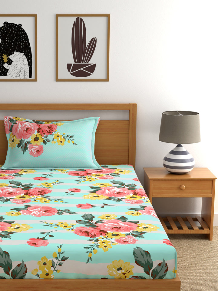 Home Ecstasy 100% Cotton Floral Bedsheet Set | 140 TC | Sea Green
