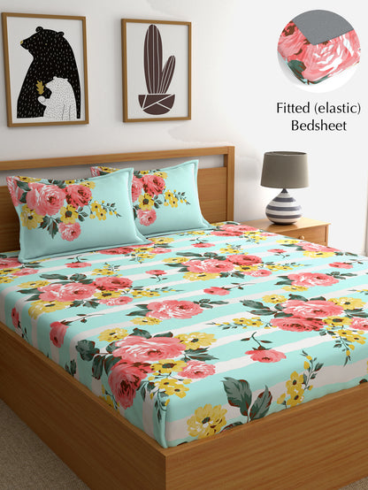 Home Ecstasy 100% Cotton 140 TC Floral Bedsheet Set - Colour: Sea Green