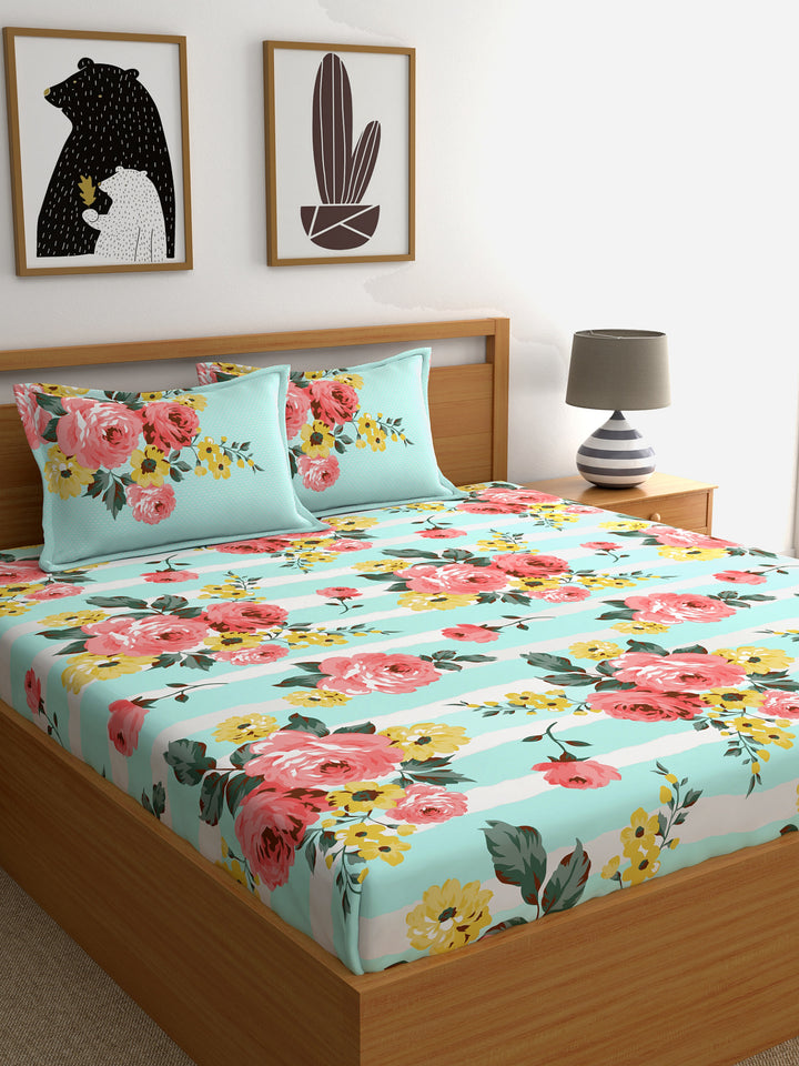 Home Ecstasy 100% Cotton Floral Bedsheet Set | 140 TC | Sea Green