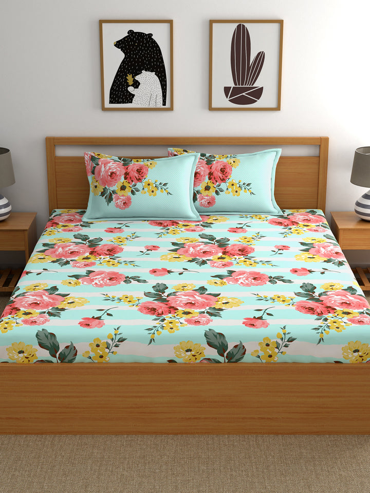 Home Ecstasy 100% Cotton Floral Bedsheet Set | 140 TC | Sea Green