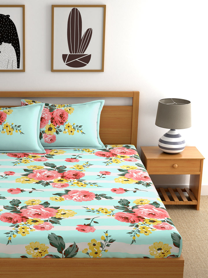 Home Ecstasy 100% Cotton Floral Bedsheet Set | 140 TC | Sea Green