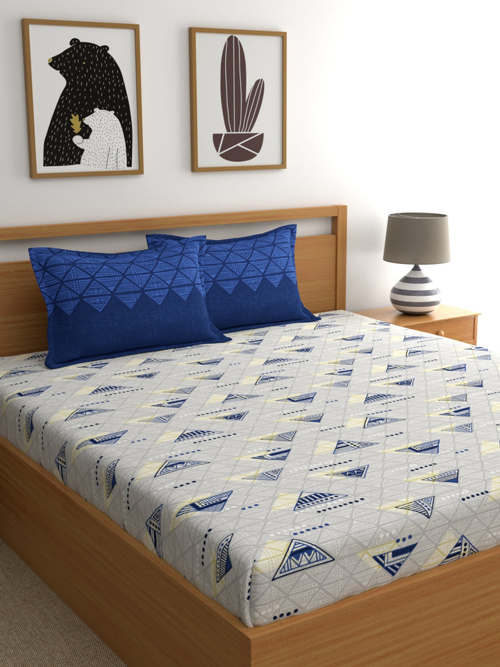 Home Ecstasy 100% Cotton Geometric Bedsheet Set | 140 TC | Blue