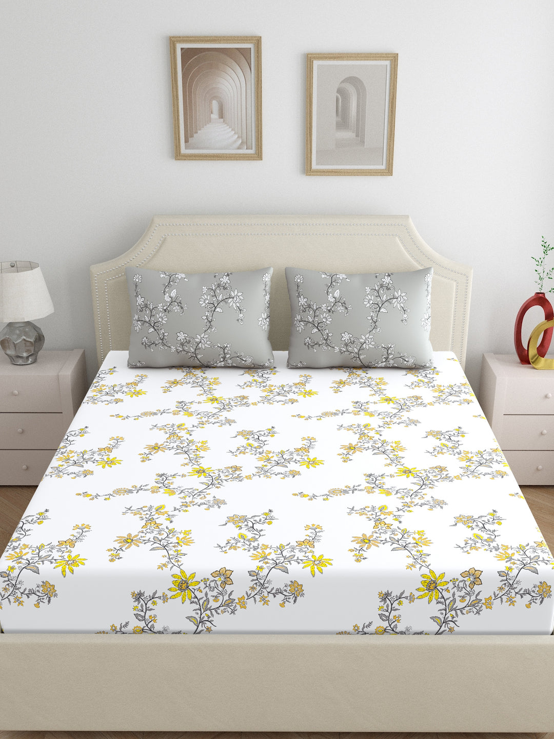 Home Ecstasy 100% Cotton Floral Bedsheets | 140 TC | Grey