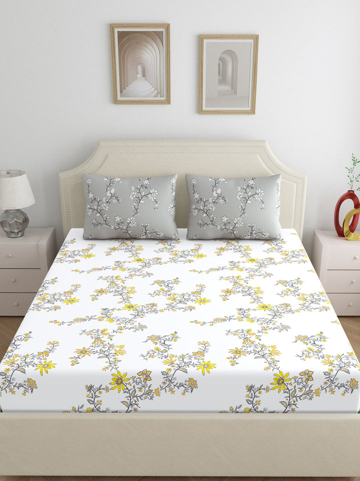 Home Ecstasy 100% Cotton Floral Bedsheets | 140 TC | Grey