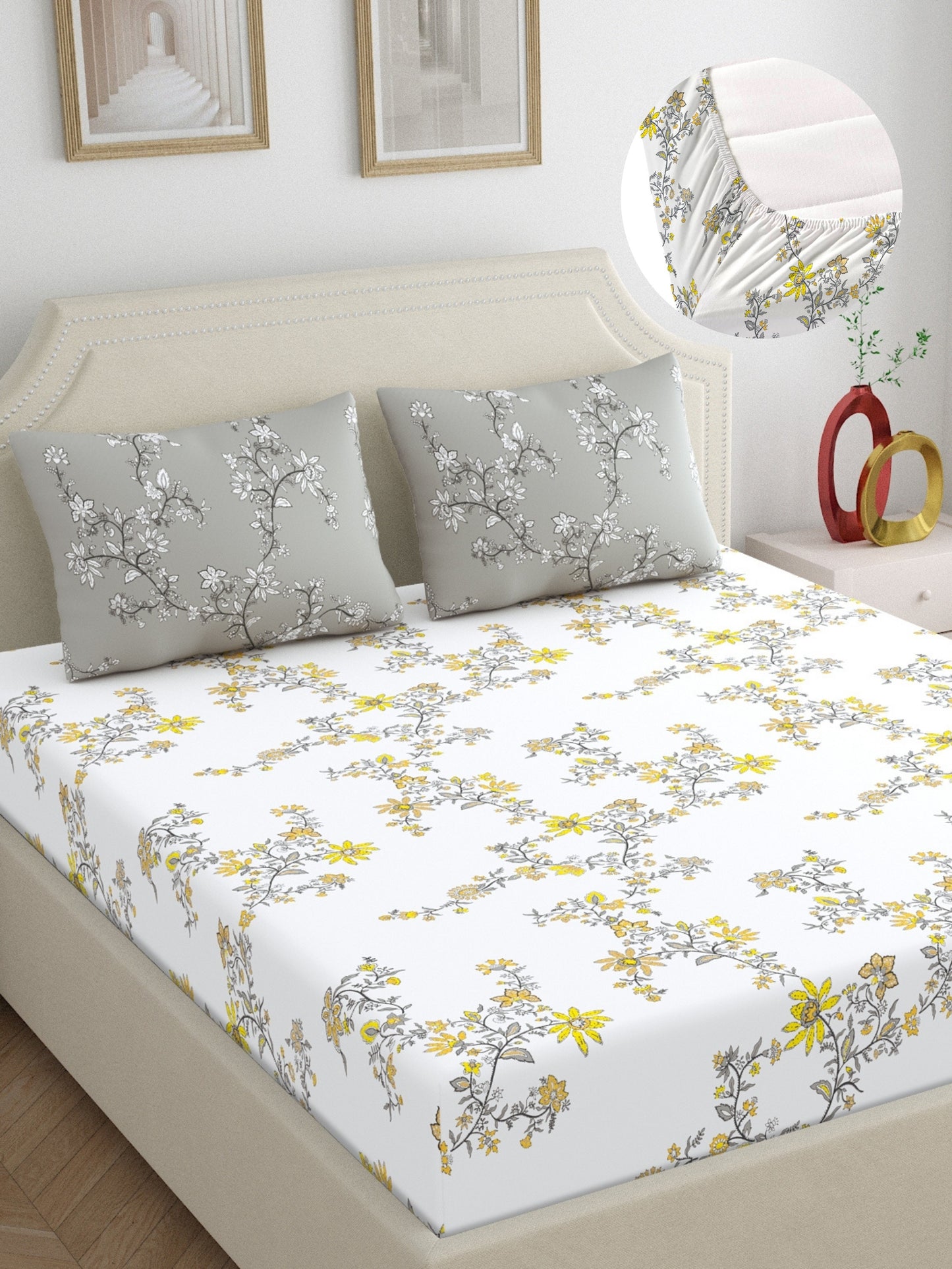Home Ecstasy 100% Cotton 140 TC Floral Bedsheet Set - Colour: Grey