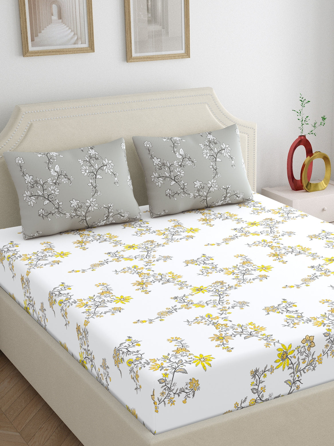 Home Ecstasy 100% Cotton 140 TC Floral Bedsheet Set - Colour: Grey
