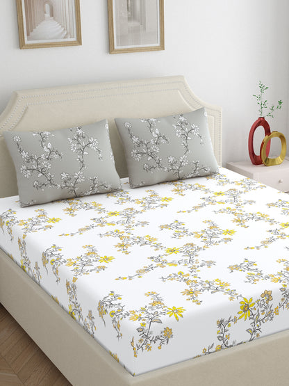 Home Ecstasy 100% Cotton 140 TC Floral Bedsheet Set - Colour: Grey