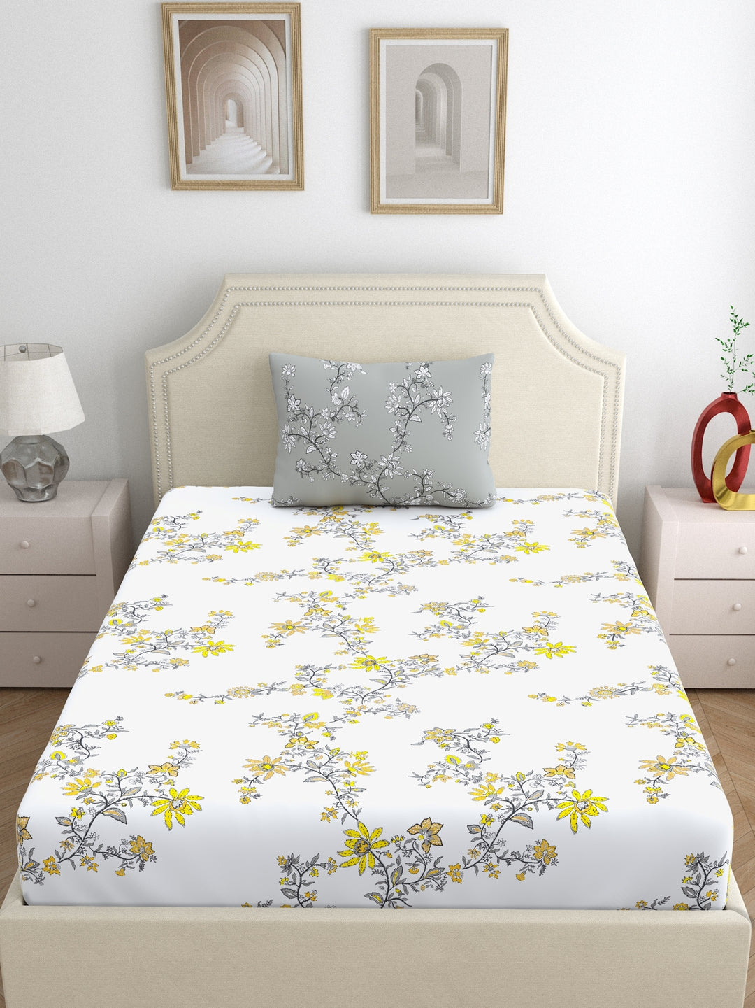 Home Ecstasy 100% Cotton Floral Bedsheets | 140 TC | Grey