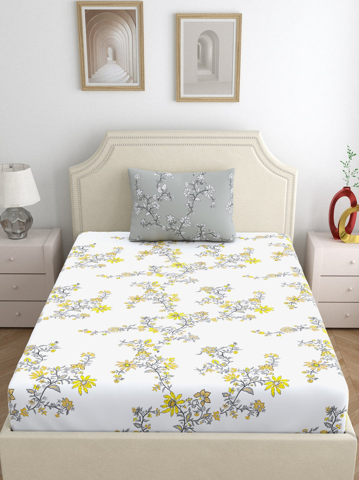 Home Ecstasy 100% Cotton Floral Bedsheets | 140 TC | Grey