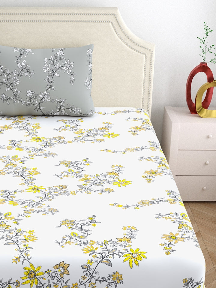 Home Ecstasy 100% Cotton Floral Bedsheets | 140 TC | Grey