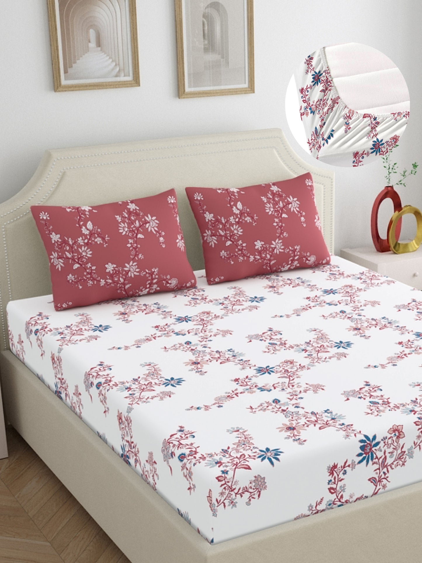 Home Ecstasy 100% Cotton 140 TC Floral Bedsheet Set - Colour: Red