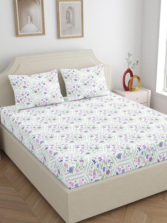 Dreamscape 100% Cotton 140 TC Floral Bedsheet – Regular & Fitted Bedsheet | Purple | Home Esctasy