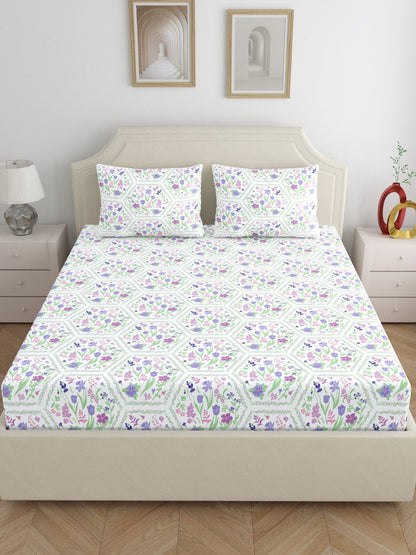 Dreamscape 100% Cotton Floral Bedsheet Set | 140 TC | Purple
