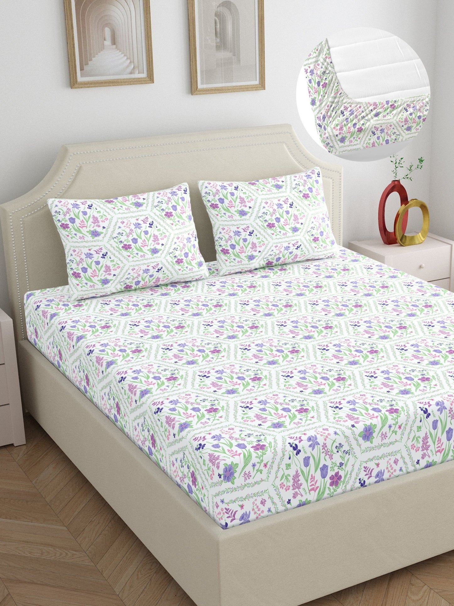Dreamscape 100% Cotton 140 TC Floral Bedsheet Set - Colour: Purple