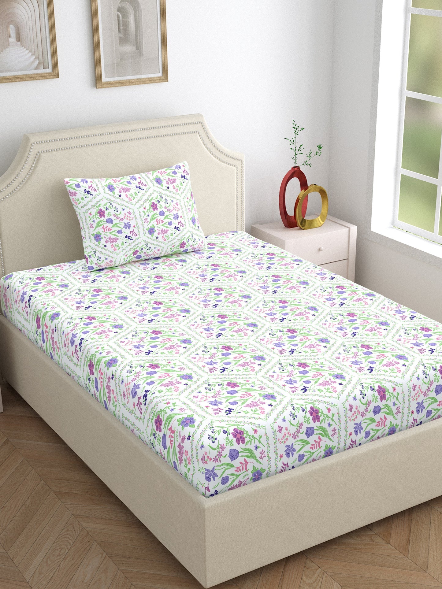Dreamscape 100% Cotton Floral Bedsheet Set | 140 TC | Purple