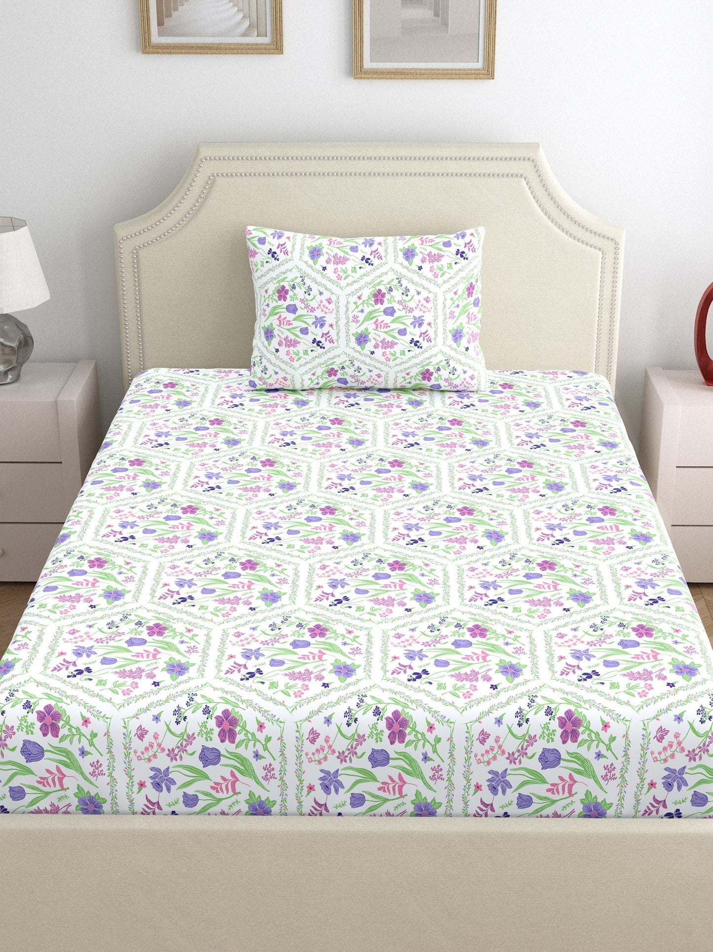 Dreamscape 100% Cotton Floral Bedsheet Set | 140 TC | Purple
