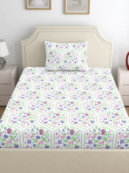 Dreamscape 100% Cotton Floral Bedsheet Set | 140 TC | Purple