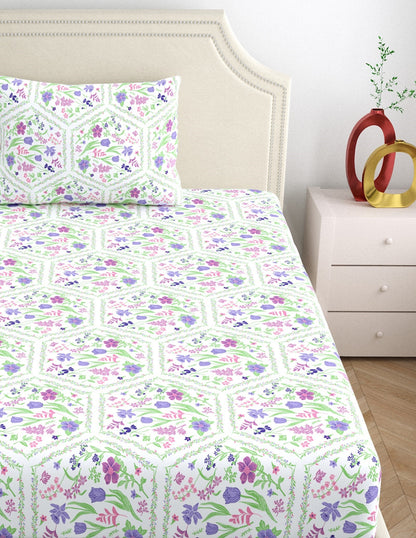 Dreamscape 100% Cotton Floral Bedsheet Set | 140 TC | Purple