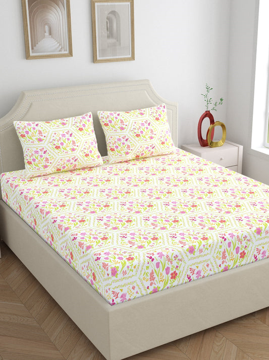 Dreamscape 100% Cotton Floral Bedsheet Set | 140 TC | Pink