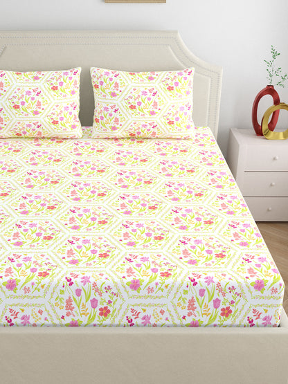 Dreamscape 100% Cotton Floral Bedsheet Set | 140 TC | Pink