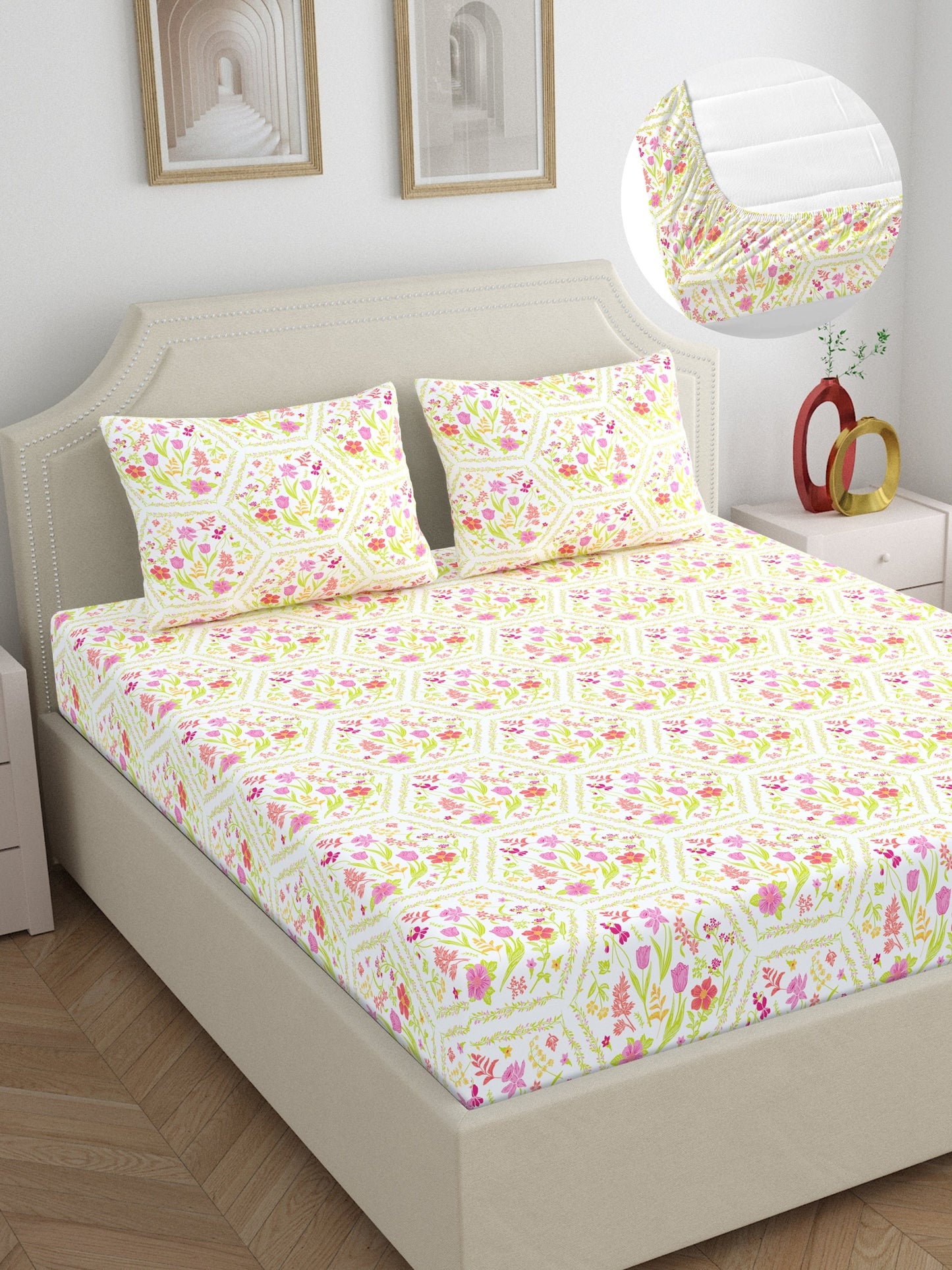Dreamscape 100% Cotton 140 TC Floral Bedsheet Set - Colour: Pink