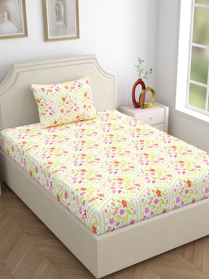 Dreamscape 100% Cotton Floral Bedsheet Set | 140 TC | Pink