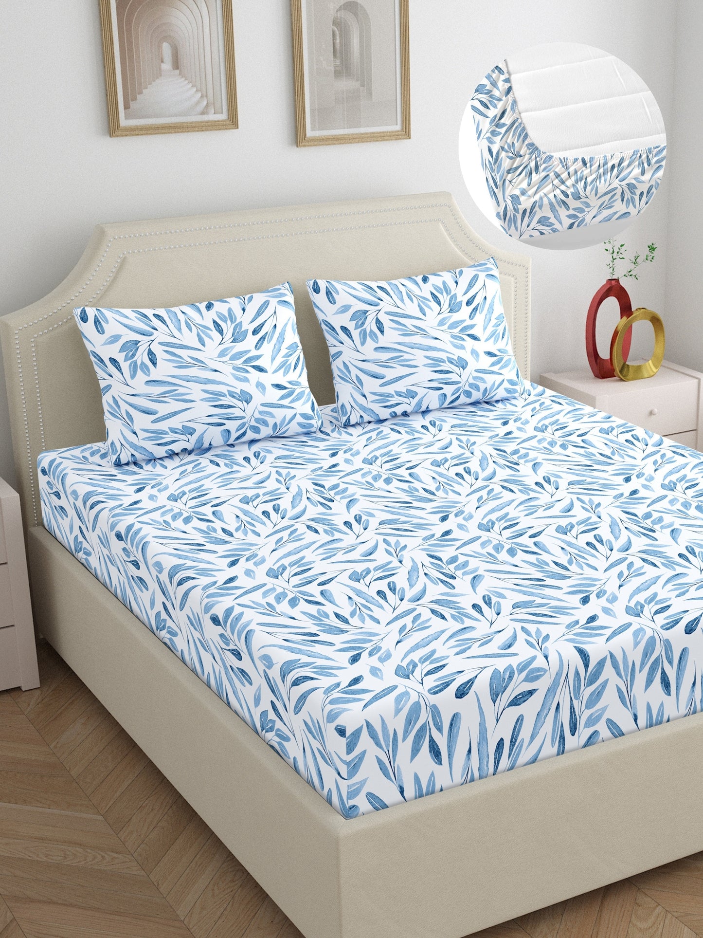 Dreamscape 100% Cotton Floral Bedsheet Set | 140 TC | Blue