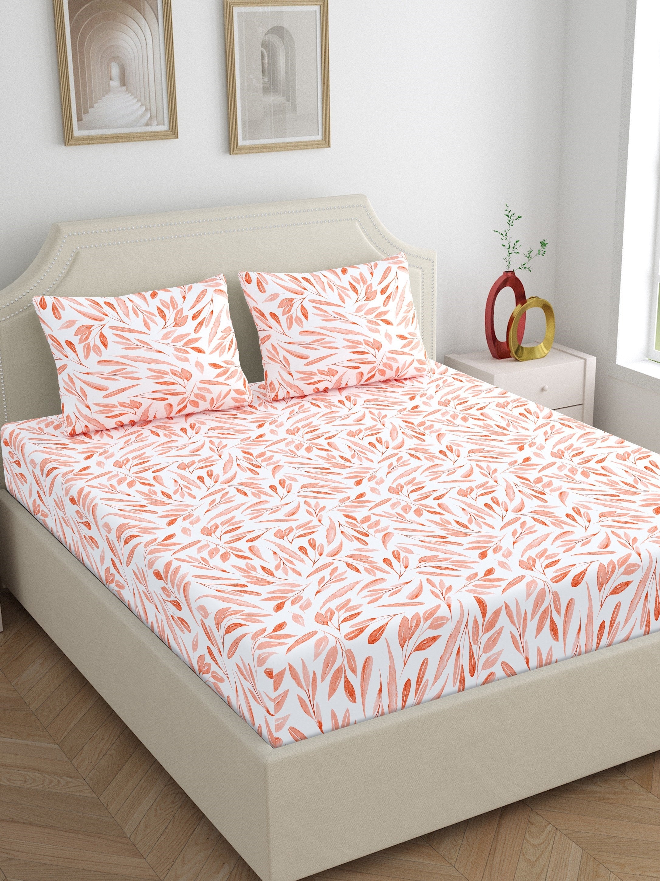Dreamscape 100% Cotton Floral Bedsheet Set | 140 TC | Peach