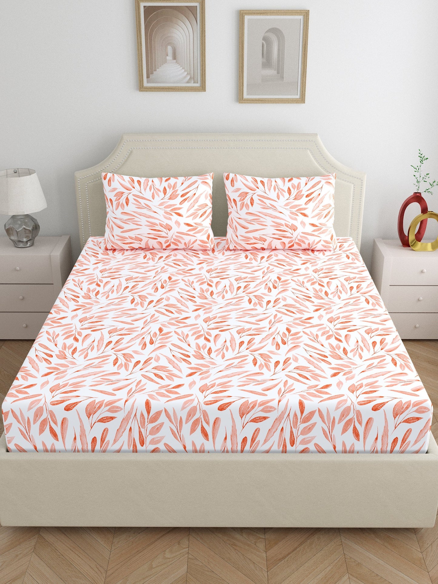 Dreamscape 100% Cotton Floral Bedsheet Set | 140 TC | Peach
