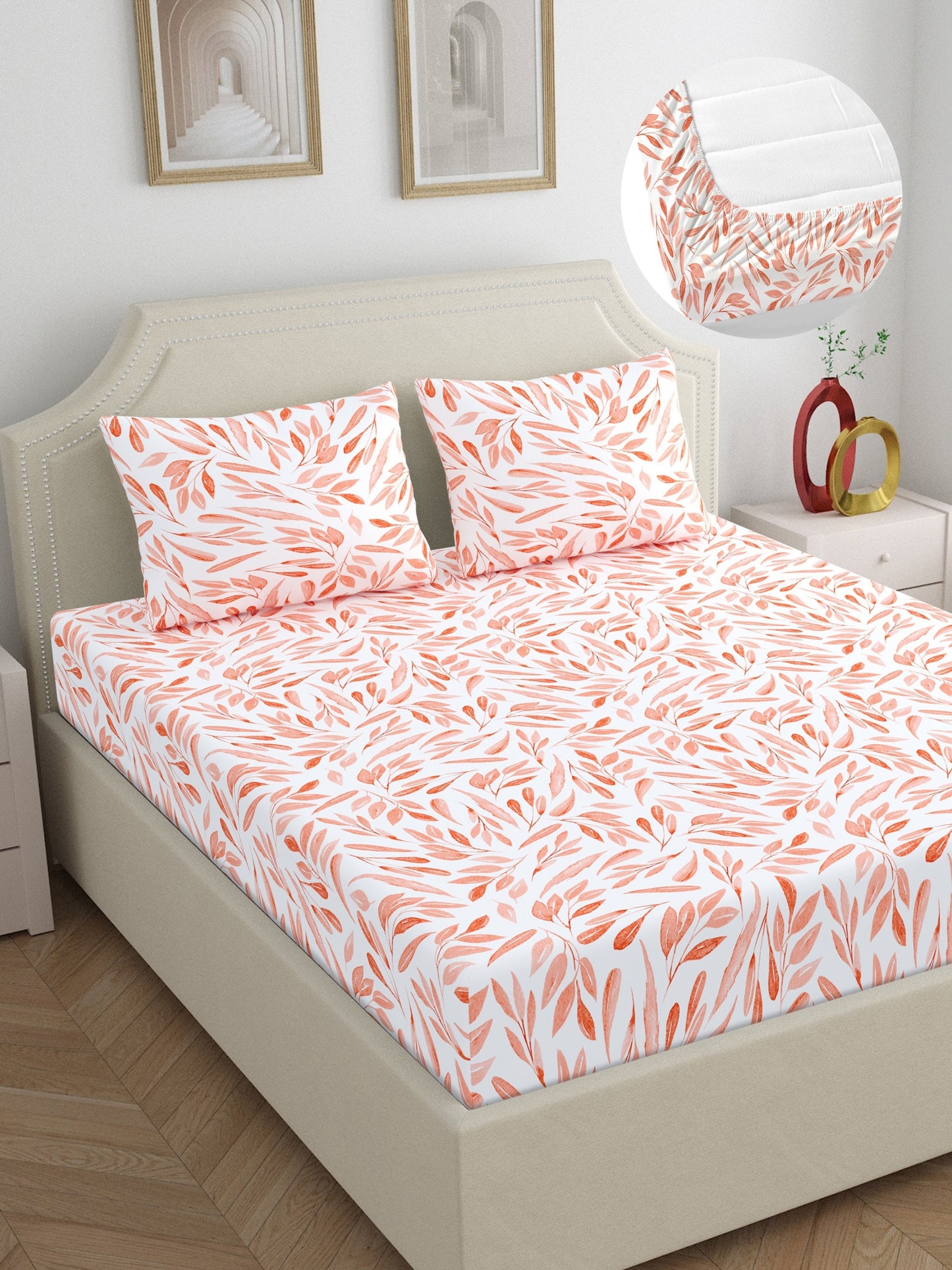 Dreamscape 100% Cotton Floral Bedsheet Set | 140 TC | Peach
